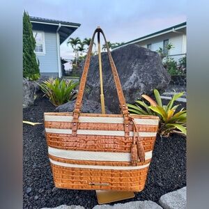 Brahmin Brown Croc Embossed Straw Tote Bag w/ Tassel Detail